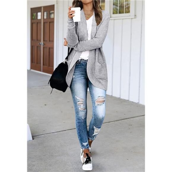 Women's Long Sleeve Open Front Cardigan Chunky Knit Draped Sweater - Picture 4 of 5